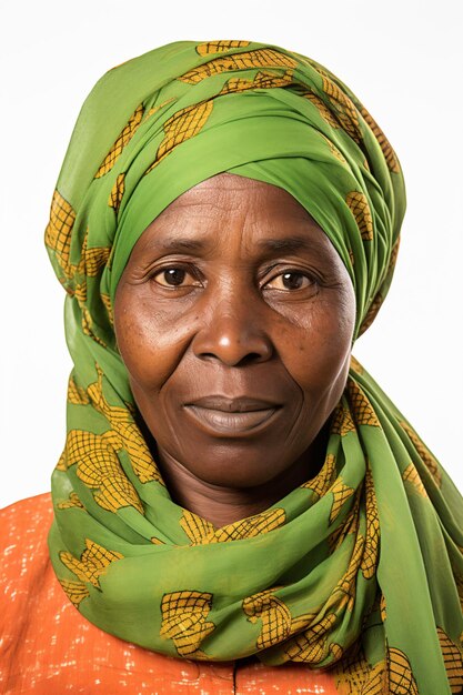 a woman wearing a green head scarf and orange shirt