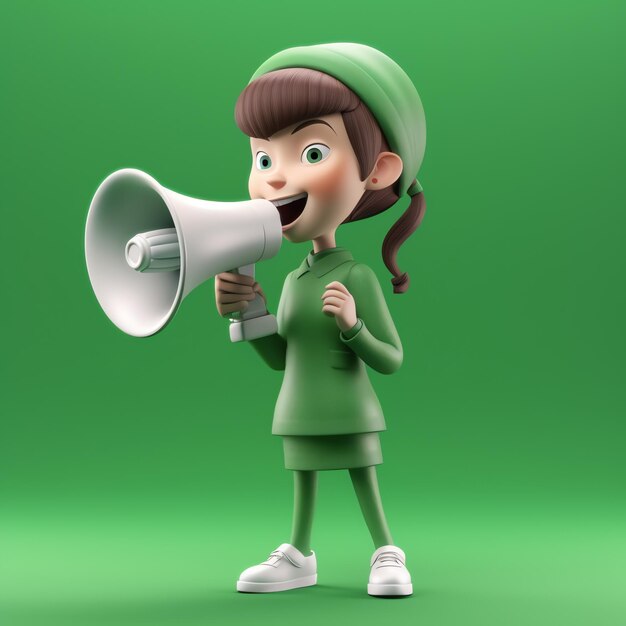 A woman wearing a green outfit is speaking into a megaphone.