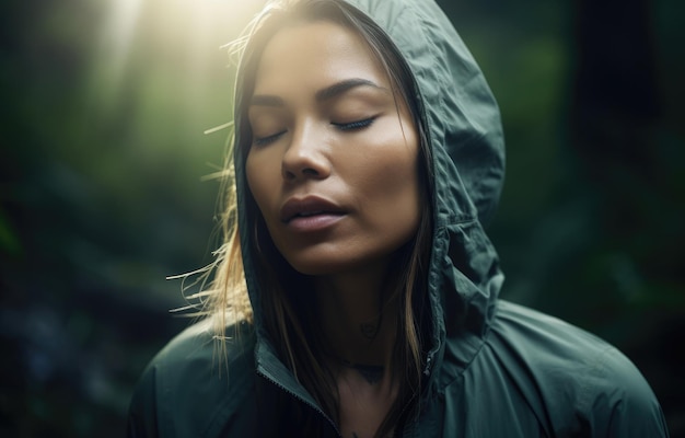 A woman wearing a green raincoat with her eyes closed