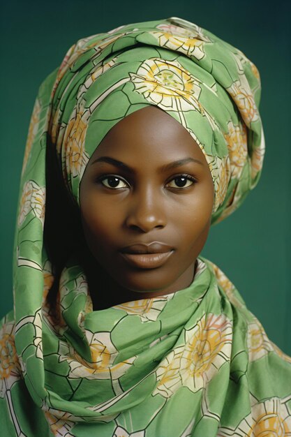 a woman wearing a green scarf and a green head scarf