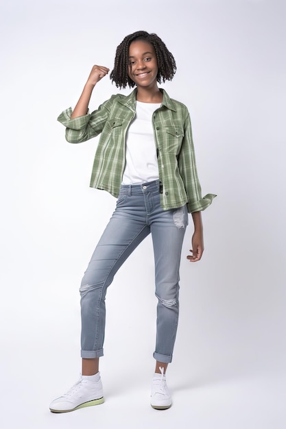 A woman wearing a green shirt and jeans stands in front of a white background.