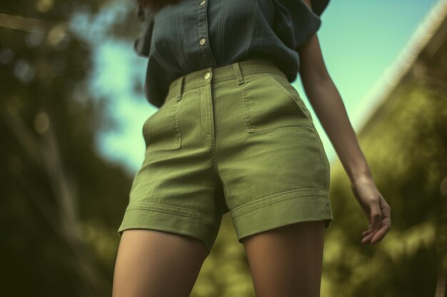 A woman wearing green shorts