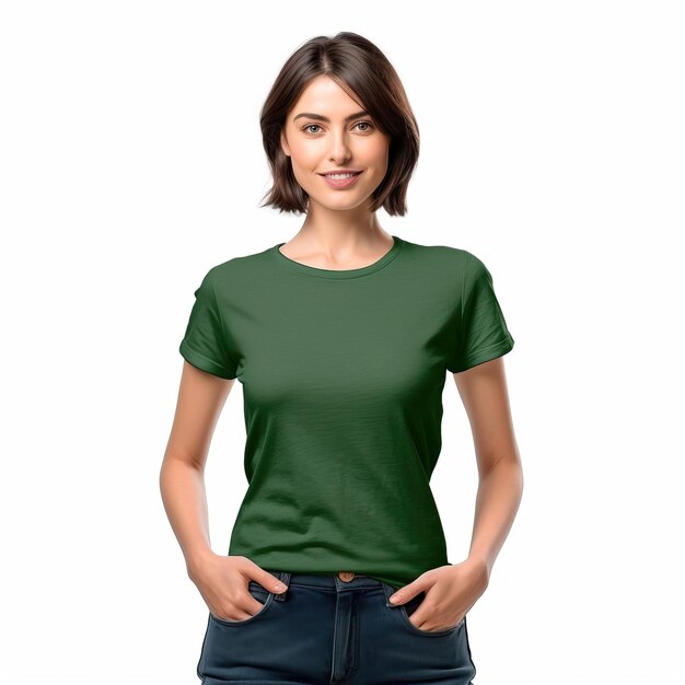 A woman wearing a green t - shirt with the word love on it.