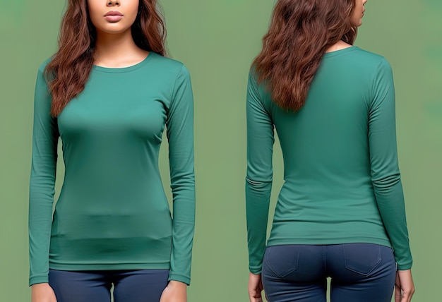 Woman wearing a green Tshirt with long sleeves Front and back view