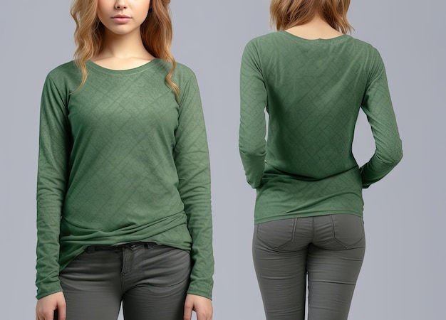 Photo woman wearing a green tshirt with long sleeves front and back view