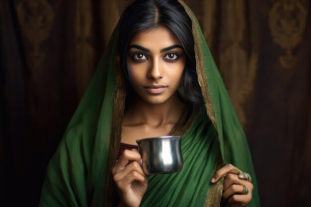 A woman wearing a green veil or shawl holds a cup in her hands while posing for a photo