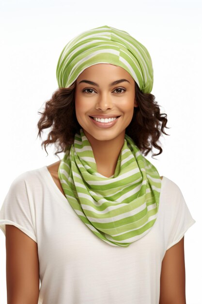 a woman wearing a green and white striped scarf