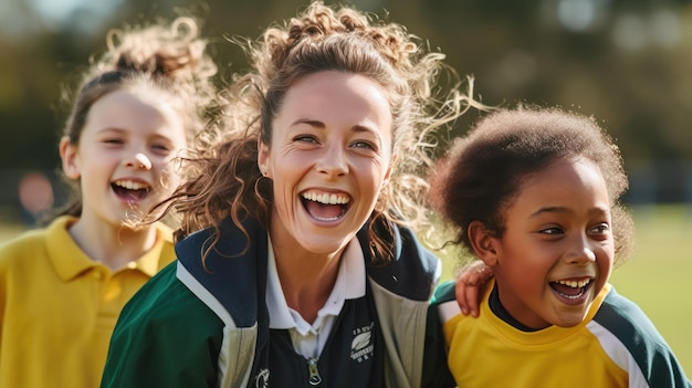 A woman wearing a green and yellow jersey with the word rugby on the front.