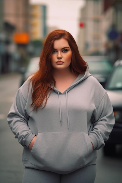 A woman wearing a grey hoodie