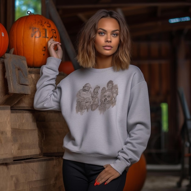 a woman wearing a grey sweater with the words " the word " on it.