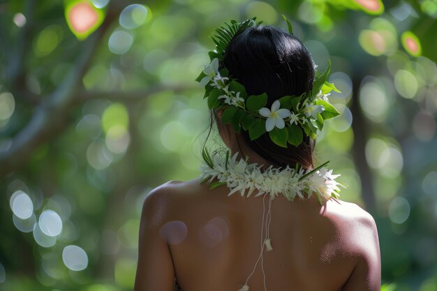 A woman wearing a haku lei with her back to the camera