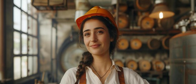 a woman wearing a hard hat in a factory