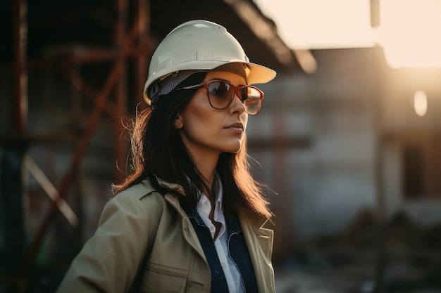 A woman wearing a hard hat and glasses generative AI