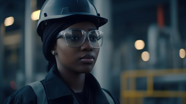 A woman wearing a hard hat and glasses stands in front of a building.