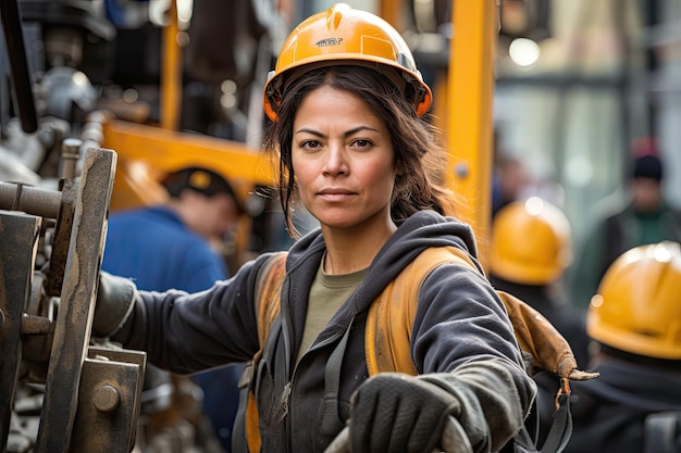 a woman wearing a hard hat and gloves