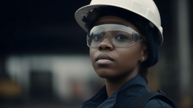 A woman wearing a hard hat and goggles stands in front of a coal mine.