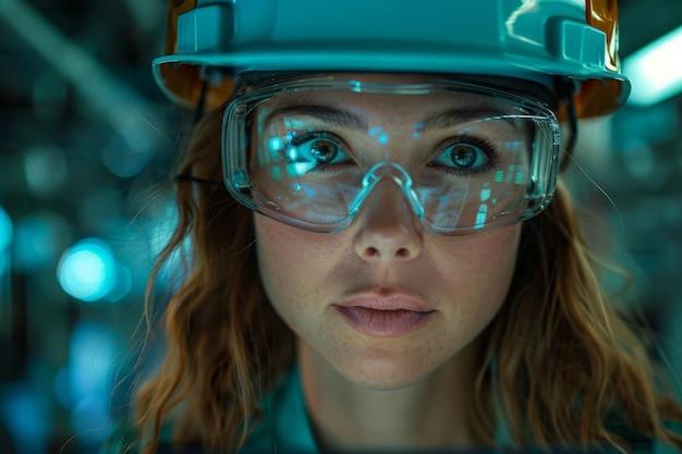 Woman Wearing Hard Hat and Goggles