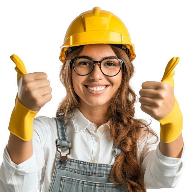 a woman wearing a hard hat and holding two thumbs up