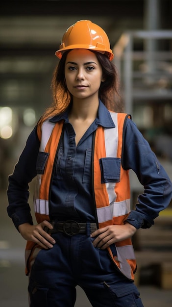 Foto una donna che indossa un casco duro e un giubbotto di sicurezza