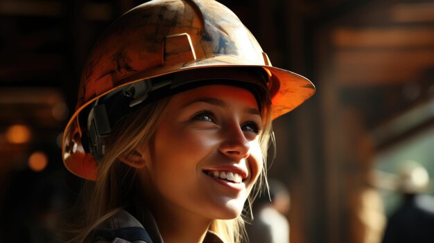 A woman wearing a hard hat smiling ai