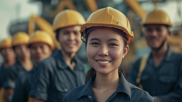 a woman wearing a hard hat stands in front of a group of people wearing yellow helmets