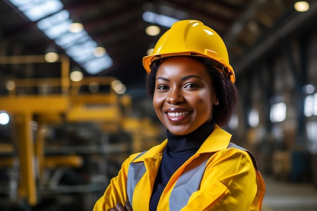 a woman wearing a hard hat stands in front of a yellow school bus