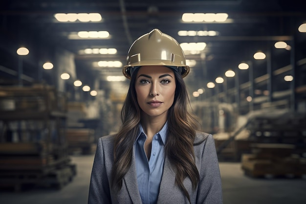 A woman wearing a hard hat stands in a warehouse.