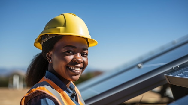 a woman wearing a hard hat and vest smiling