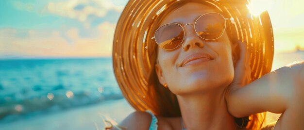 写真 ビーチで帽子とサングラスをかぶった女性