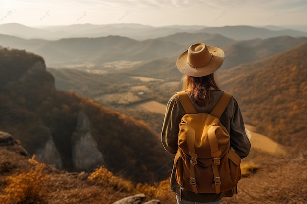 A woman wearing a hat and backpack looking out over a valley Generative AI image