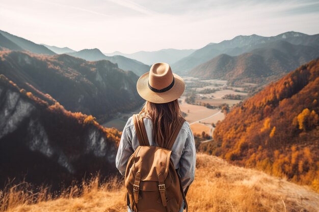 A woman wearing a hat and a backpack looks out over a valley Generative AI image