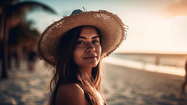 A woman wearing a hat on a beach
