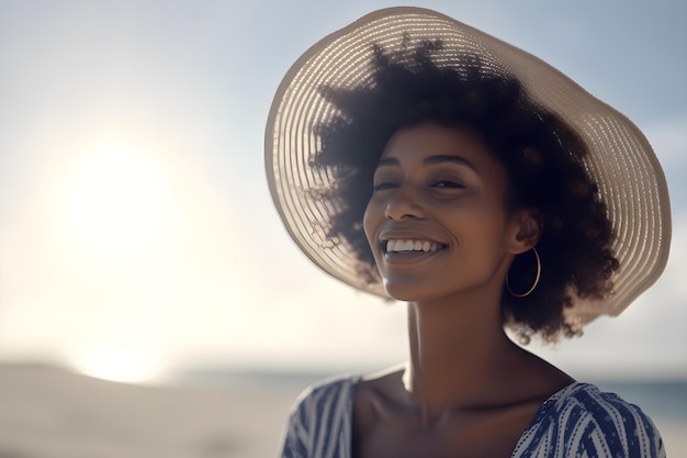 A woman wearing a hat on a beach