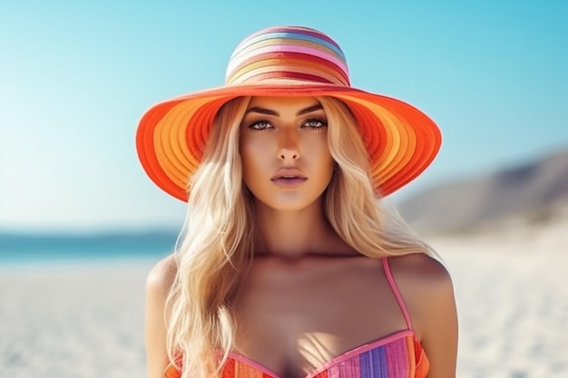 A woman wearing a hat on the beach