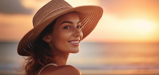 A woman wearing a hat on a beach