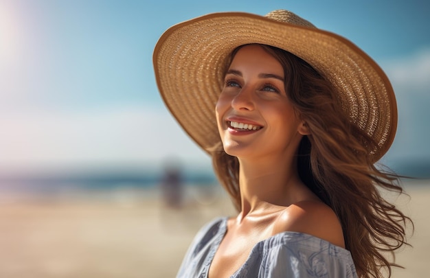 A woman wearing a hat on a beach
