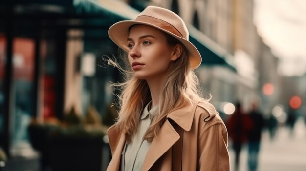 Photo a woman wearing a hat and a beige trench coat stands on a street.