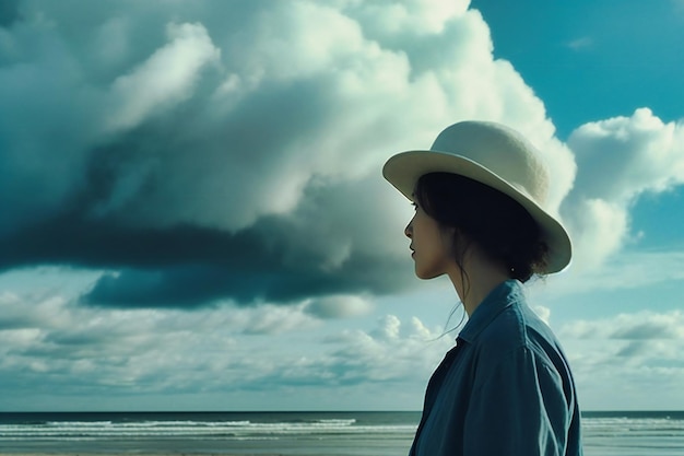 Foto una donna che indossa un cappello e un vestito blu che guarda l'oceano