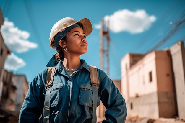 Photo a woman wearing a hat and a blue shirt stands in front of a building and looks into the distance.