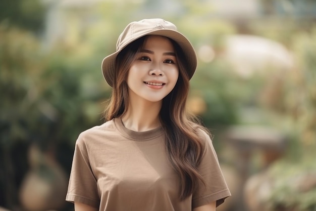 A woman wearing a hat and a brown shirt stands in a park.