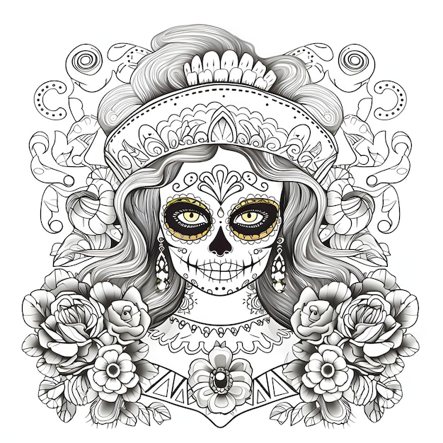 Женщина в шляпе, украшенной цветами на лице, маске, макияже черепа. На день мертвых и Хэллоуин. Черно-белая книжка-раскраска.