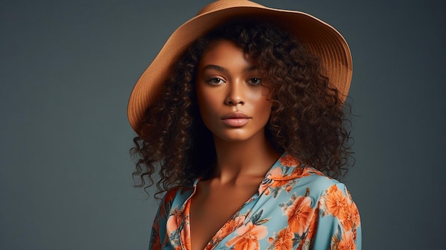 A woman wearing a hat and a floral dress stands in front of a grey background.