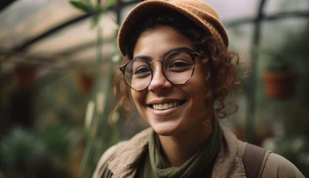  Premium AI Image | A woman wearing a hat and glasses smiles in front of ...