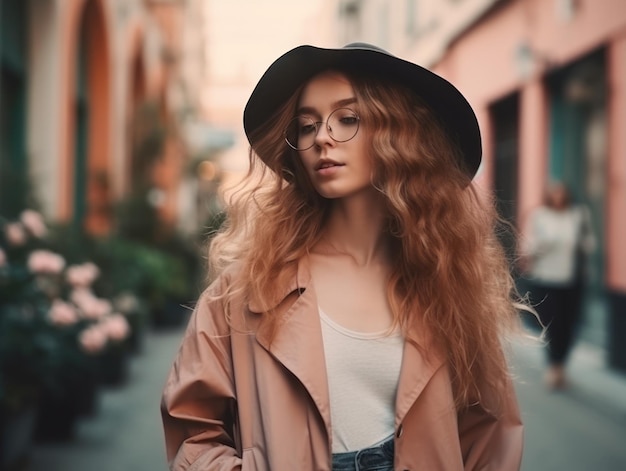 A woman wearing a hat and a hat stands on a street.