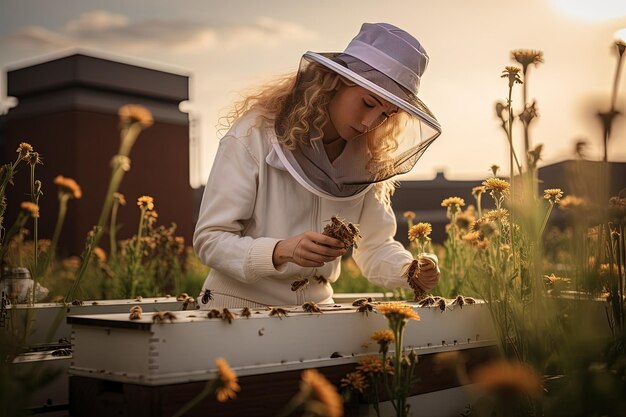 A woman wearing a hat and holding a beehive