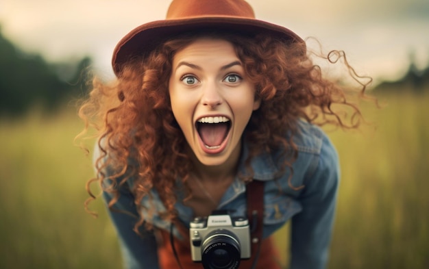 Photo woman wearing hat and holding camera