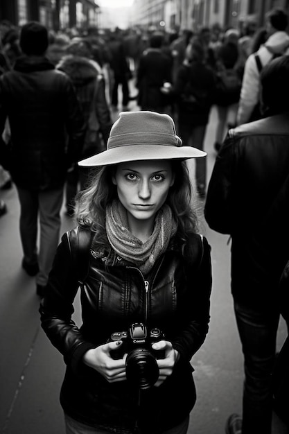 a woman wearing a hat is holding a camera