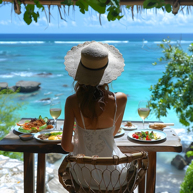 A woman wearing a hat is sitting at a dining table overlooking the ocean