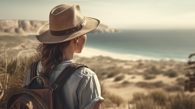 A woman wearing a hat and looking out to the ocean