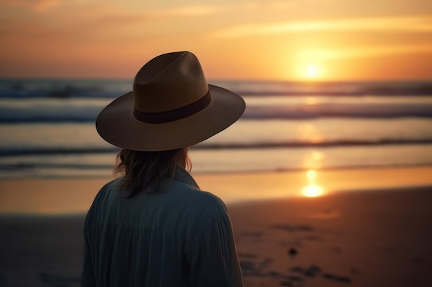 Woman wearing a hat looking at the sunset